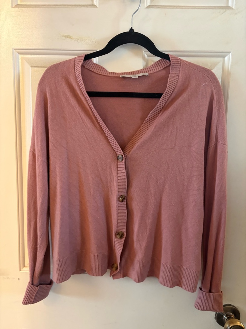 Relaxed Pink V-Neck Button Cardigan Sweater
